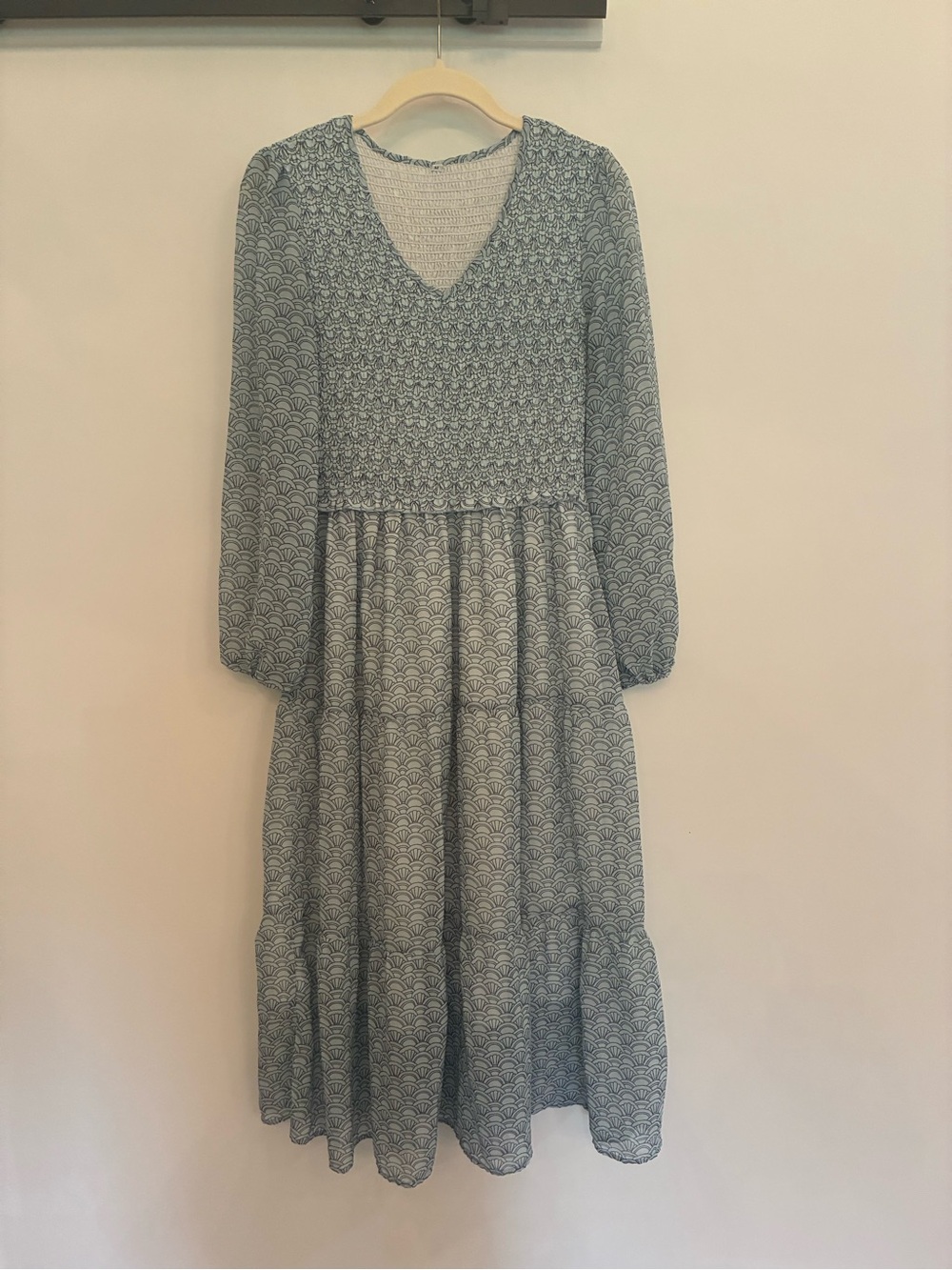 Light Blue Long Sleeve Maxi Dress with Smocked Bodice